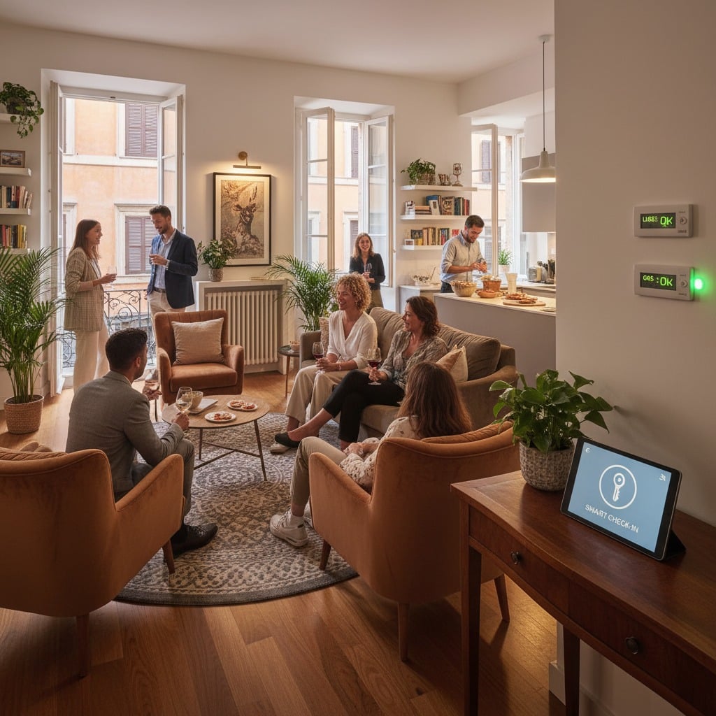 Diverse persone socializzano in un luminoso soggiorno arredato in stile moderno, mentre sul mobile in primo piano è appoggiato un tablet con la scritta SMART CHECK-IN sullo schermo.